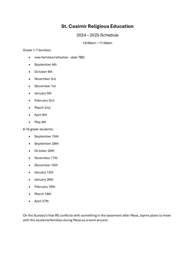 St. Casimir 2024/2025 RE Schedule