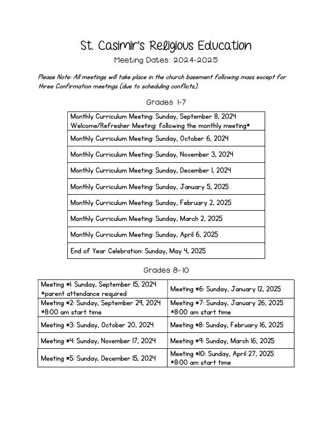 St. Casimir 2024/2025 RE Schedule